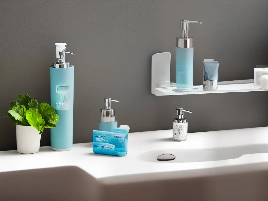 A toothpaste dispenser placed on a bathroom countertop with a toothbrush next to it.