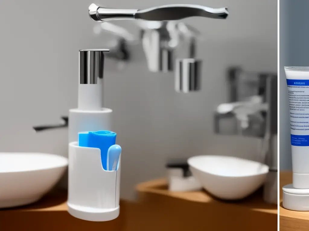 An image of a toothbrush and toothpaste next to a toothpaste dispenser with a non-slip grip and an ergonomic design, making it easy for everyone to use.