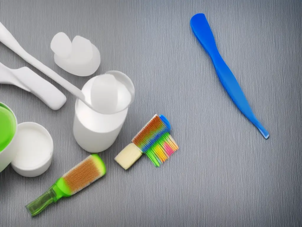 A picture of a toothbrush next to fluoride toothpaste on a white background.