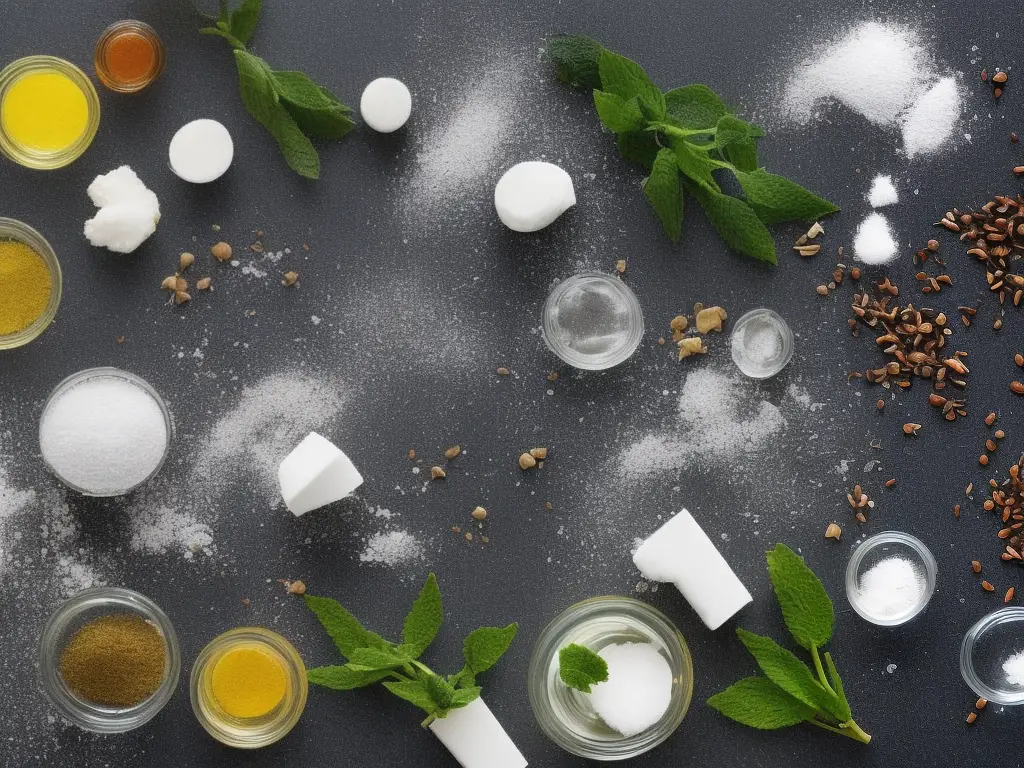 An image of natural ingredients commonly used in toothpaste like peppermint, aloe vera, calcium carbonate, bicarbonate of soda, coconut oil, and activated charcoal in test tubes and beakers on a lab table