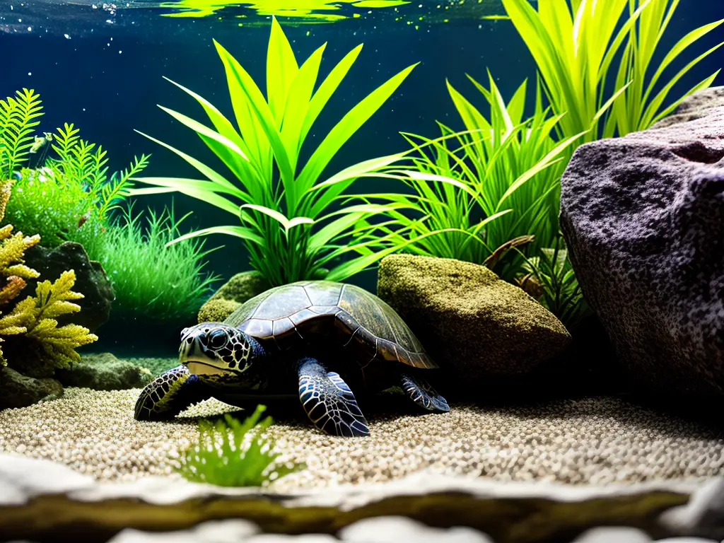 An image of a turtle in a clean water-filled glass aquarium, swimming near a large rock and surrounded by aquatic plants.