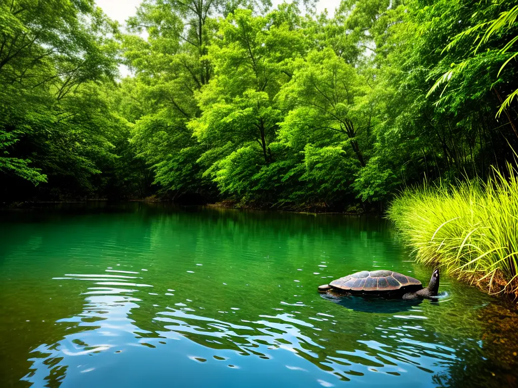 An image of a freshwater turtle swimming in a pond surrounded by trees and plants.