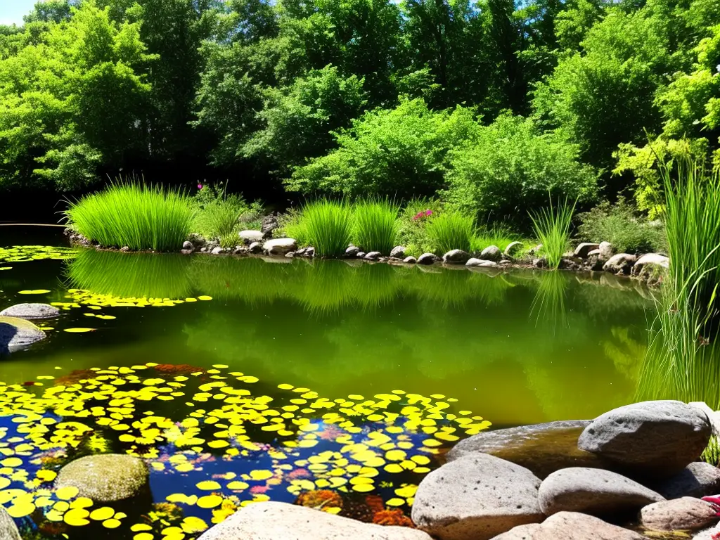 A picture of a pond with turtles swimming and aquatic plants in the background