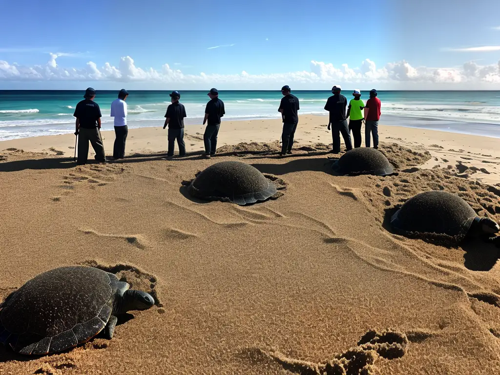 A group of conservationists working to protect turtle nests on a beach by placing barriers around the nests and monitoring them closely.