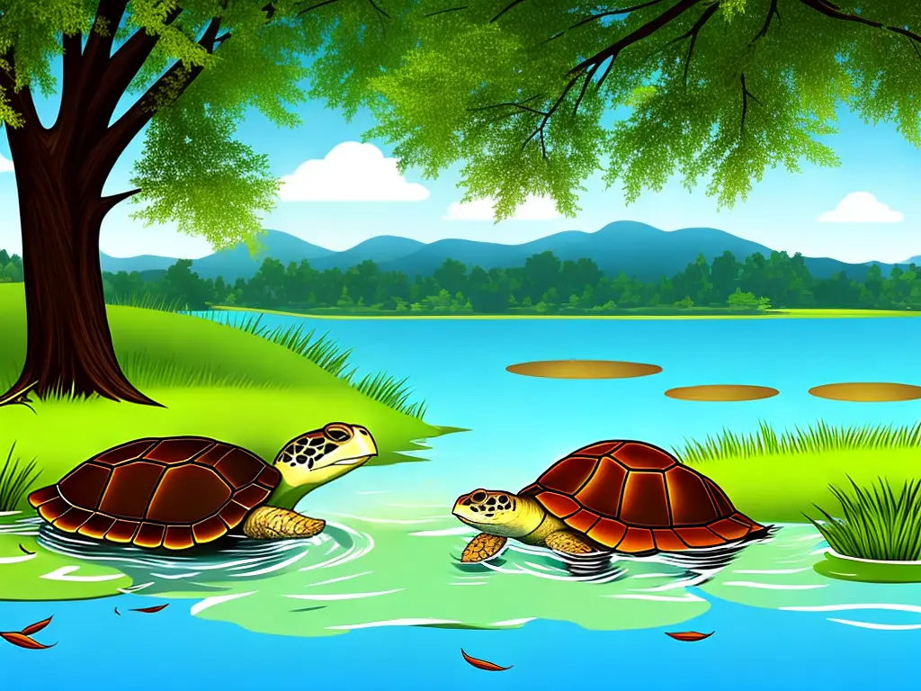 A cartoon image of a turtle swimming in a pond with tall grass and a tree in the background.