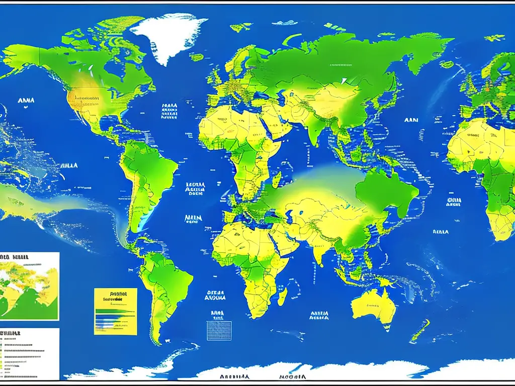 An illustration of a world map with different regions highlighted, representing the different habitats and geographical distribution of turtles around the world.