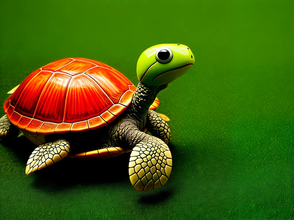 A cartoon-like image of a turtle with a plant in its mouth, sitting on a green background.