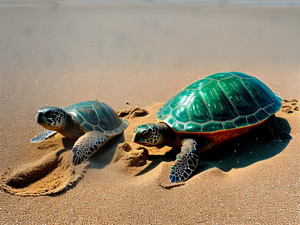 Illustration of a turtle laying eggs in a sandy beach habitat.