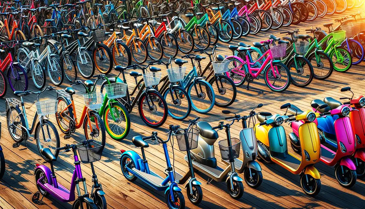 A diverse collection of bikes and scooters lined up, awaiting riders to choose their perfect match