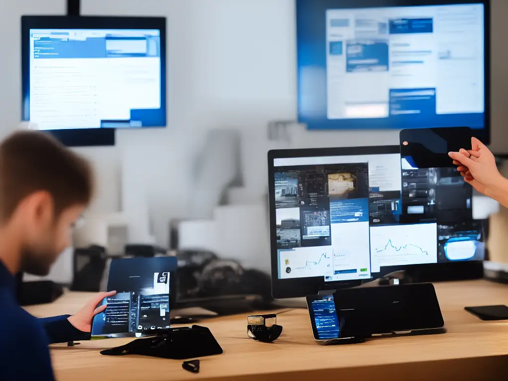 An illustration of a designer sitting in front of a computer, watching a user interact with their UI design on a tablet.