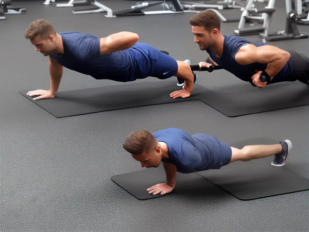 An image showing a person doing a push-up with proper form. The person has their hands under their shoulders, their back is straight, and their feet are together. This image demonstrates proper form for a chest workout exercise.