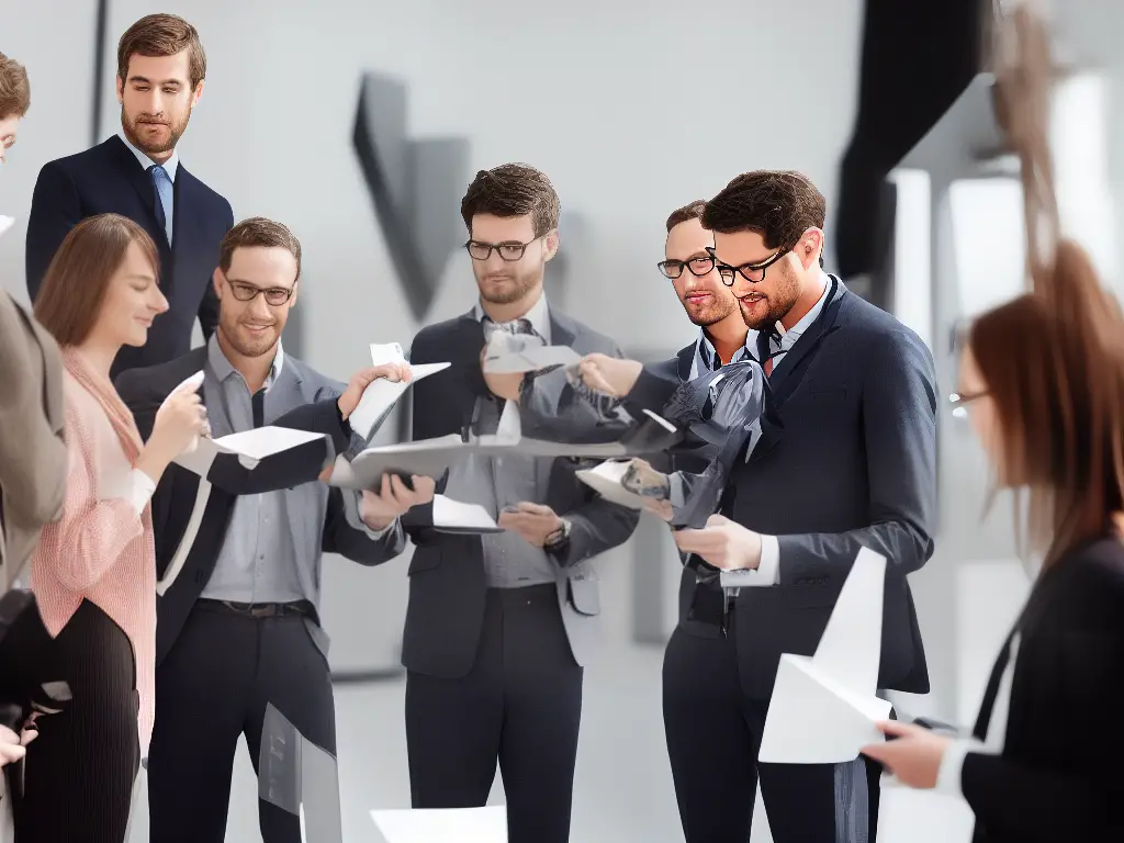 An illustrative image showing a designer holding a prototype while a group of people look over their shoulder and offer feedback