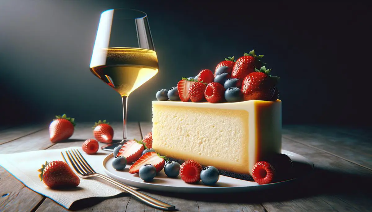 A slice of creamy vanilla bean cheesecake on a white plate, garnished with fresh berries, next to a glass of late-harvest Chenin Blanc wine.