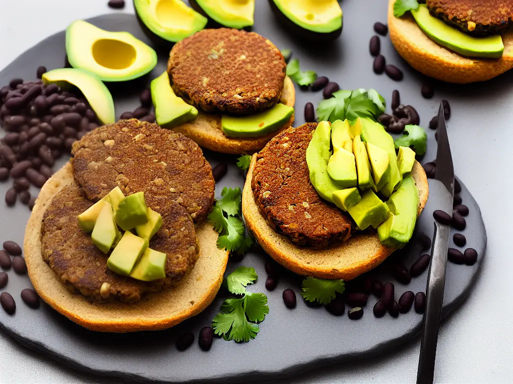 Picture of vegan bean burger with black beans, topped with sliced avocado and served with a side salad.