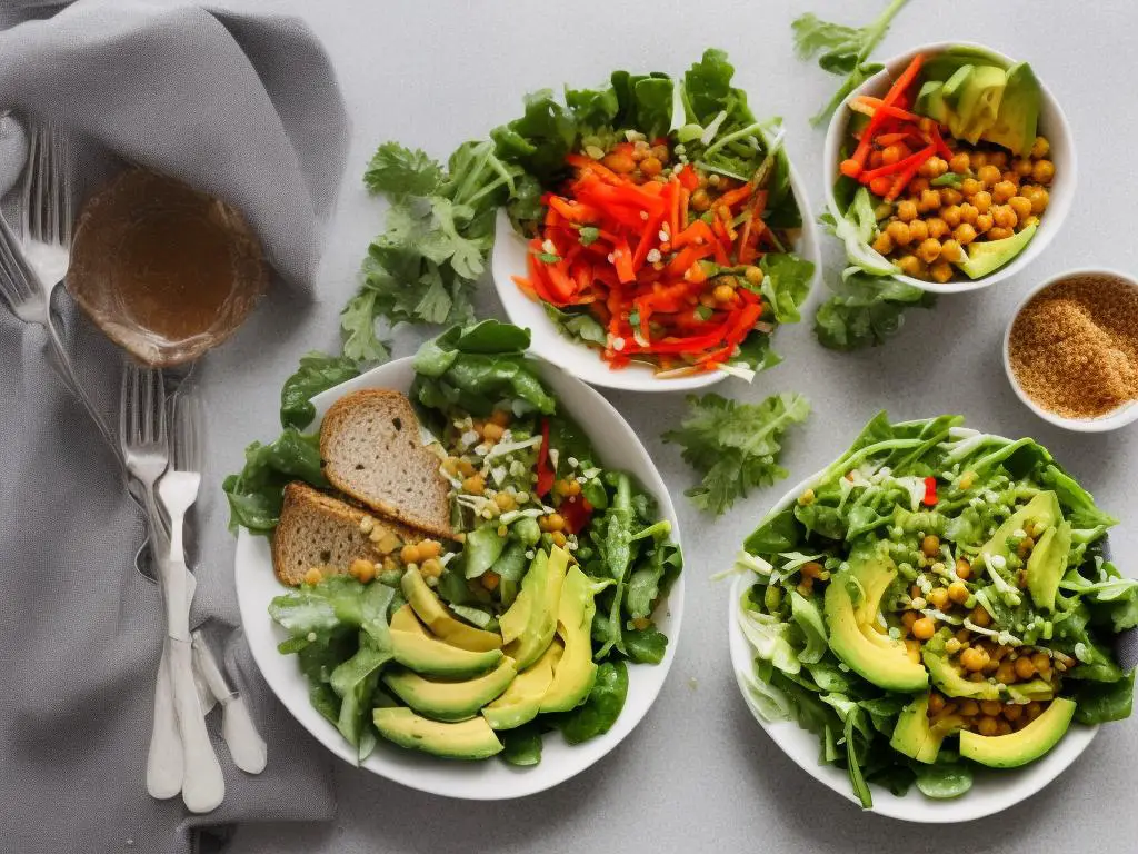 A picture of a vegan salad featuring greens, chickpeas, sliced avocado, and other vegetables, along with a side of wheat toast with avocado spread.