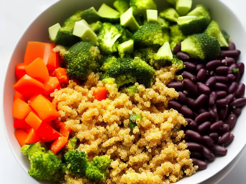 a vibrant and colorful bowl filled with various vegan protein sources like quinoa, beans, nuts, and vegetables