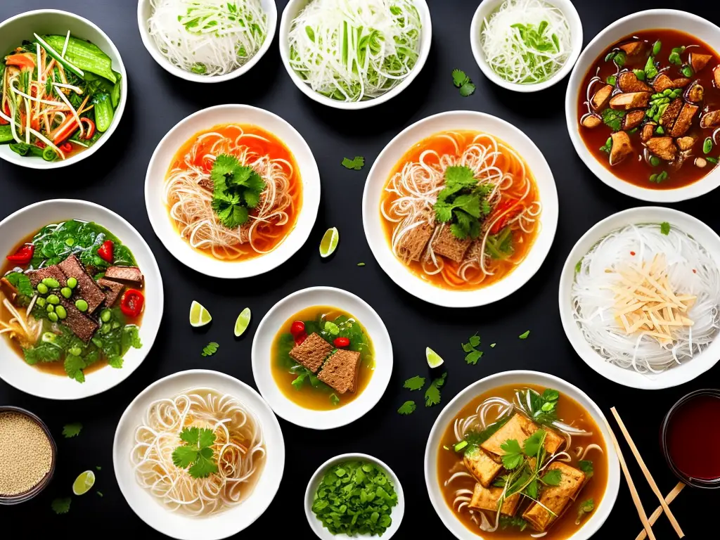 A plate of various Vietnamese dishes, including phở, bánh mì sandwiches, and spring rolls