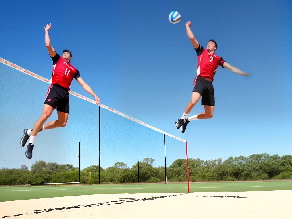 An image of a male volleyball player jumping up in the air to spike the ball with the ball in mid-air.