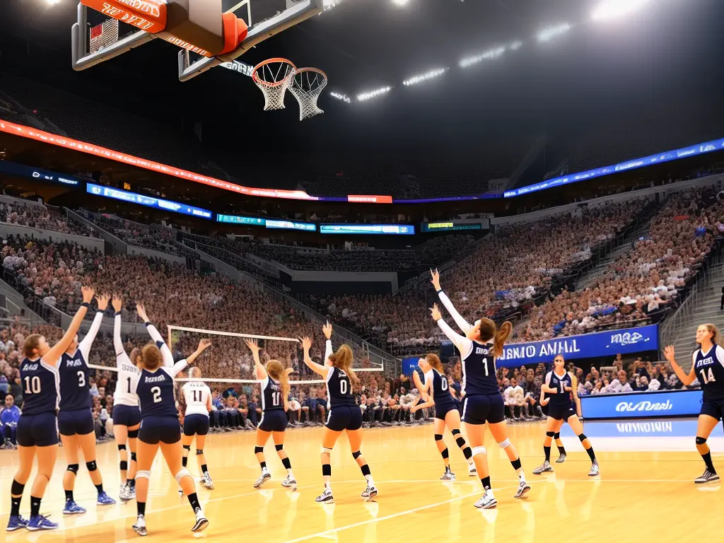 An image of a volleyball player spiking the ball over the net towards an opposing team with teammates cheering in the background