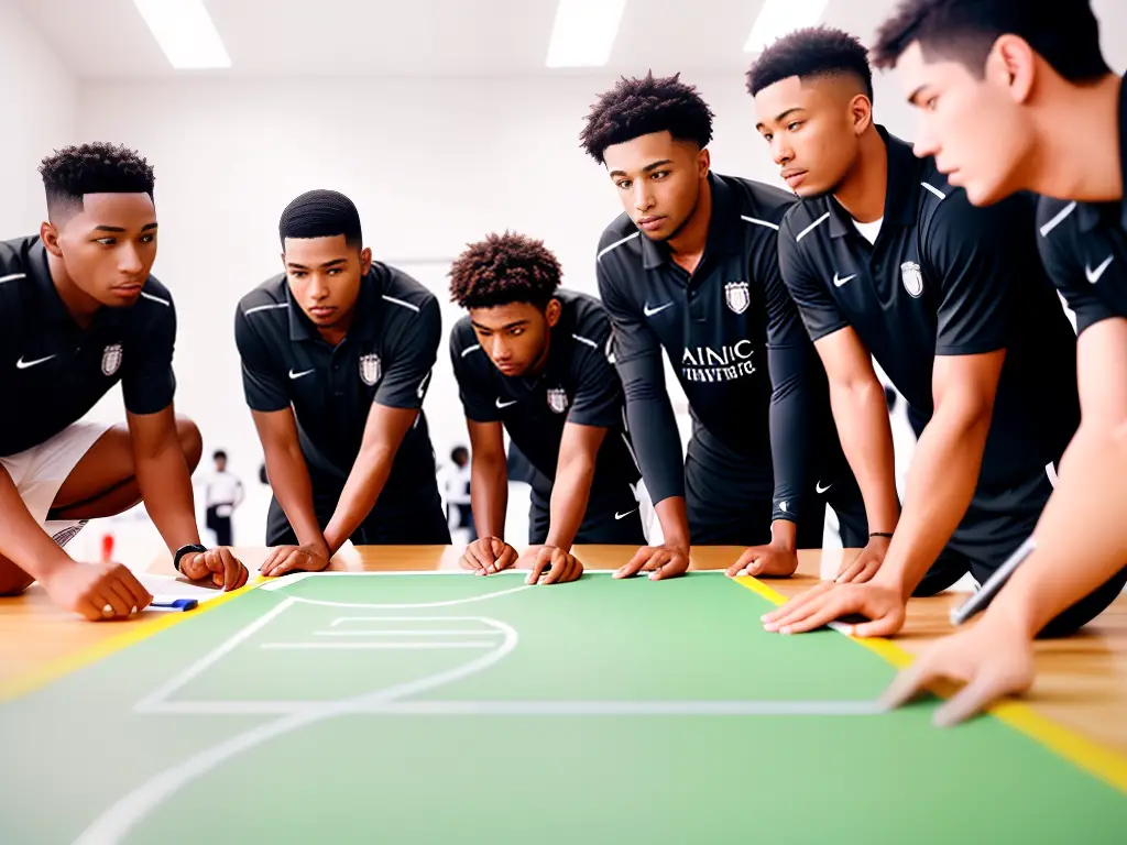 An image of a coach drawing out strategies on a clipboard while players listen and look on