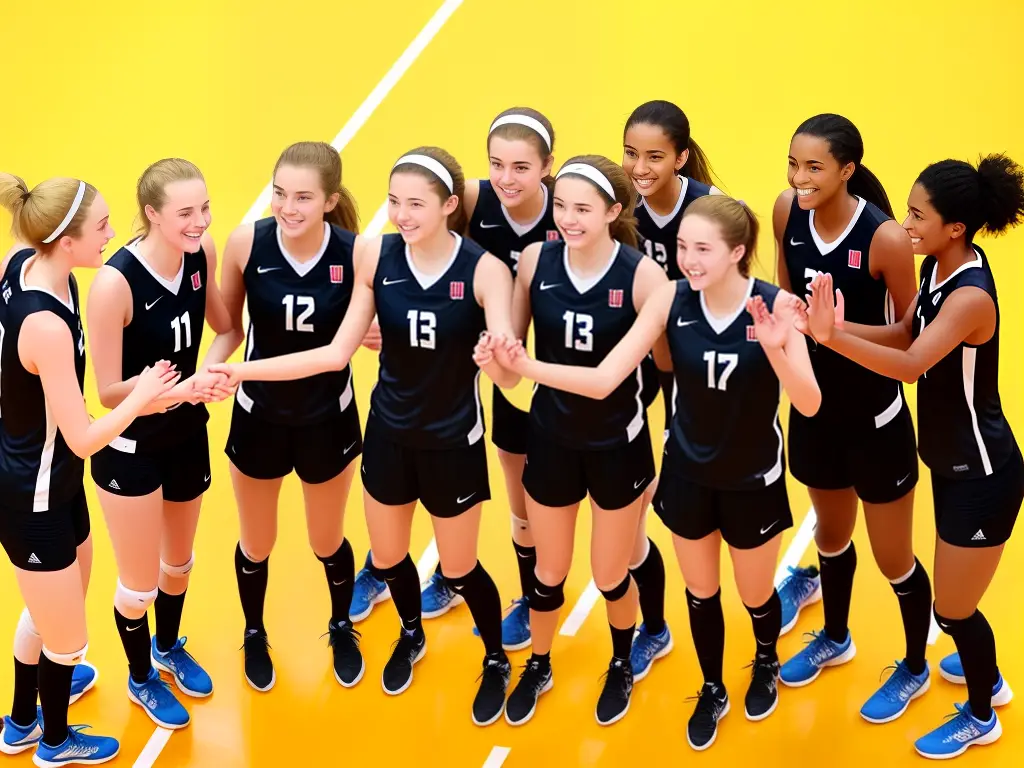 A group of young volleyball players standing together on a court, high-fiving each other and smiling