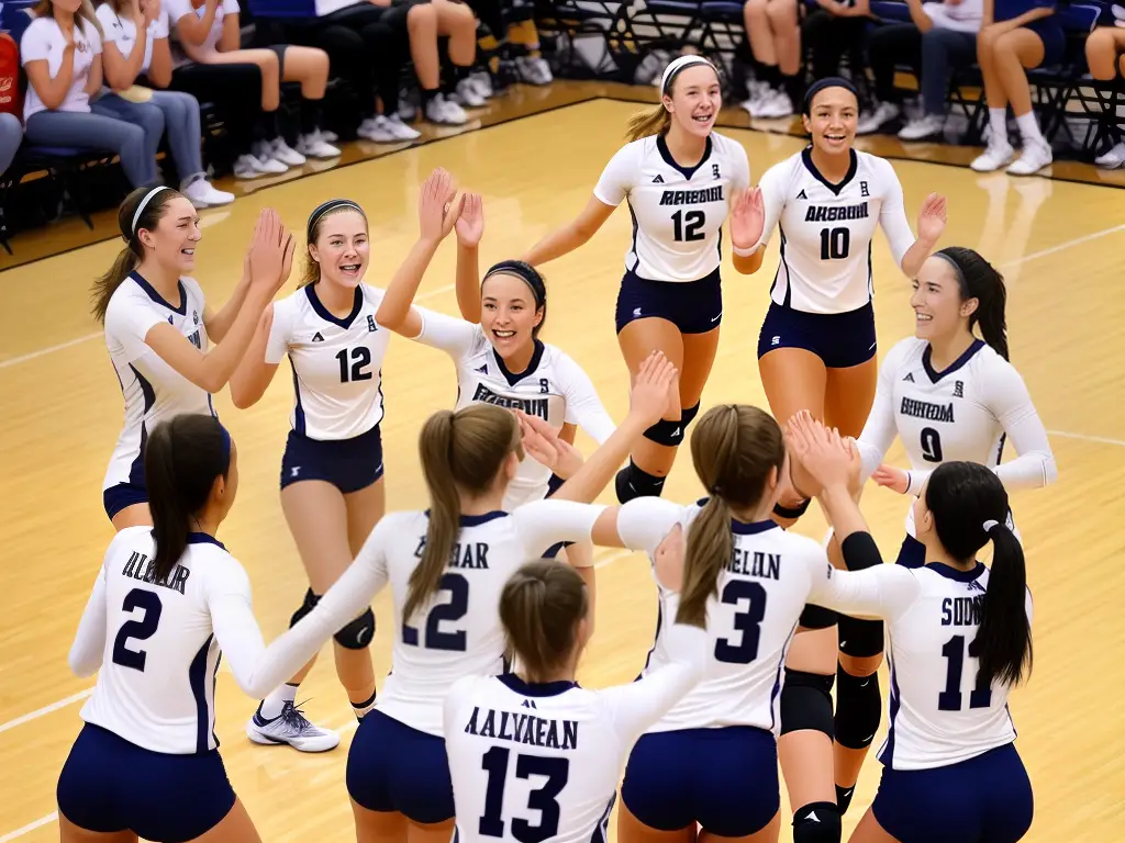 A team of volleyball players high fiving each other in celebration of a successful point scored against the opposing team.