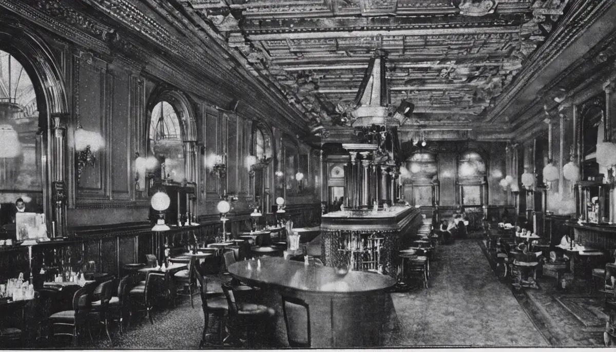 The ornate and luxurious interior of the Waldorf-Astoria Hotel bar in New York City in the late 1800s.