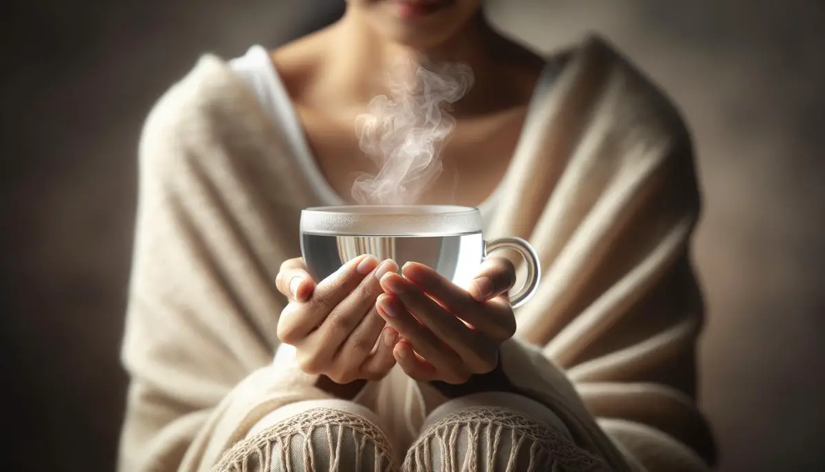 Image of a person holding a warm cup of liquid, demonstrating the concept of sipping on hot water for health benefits