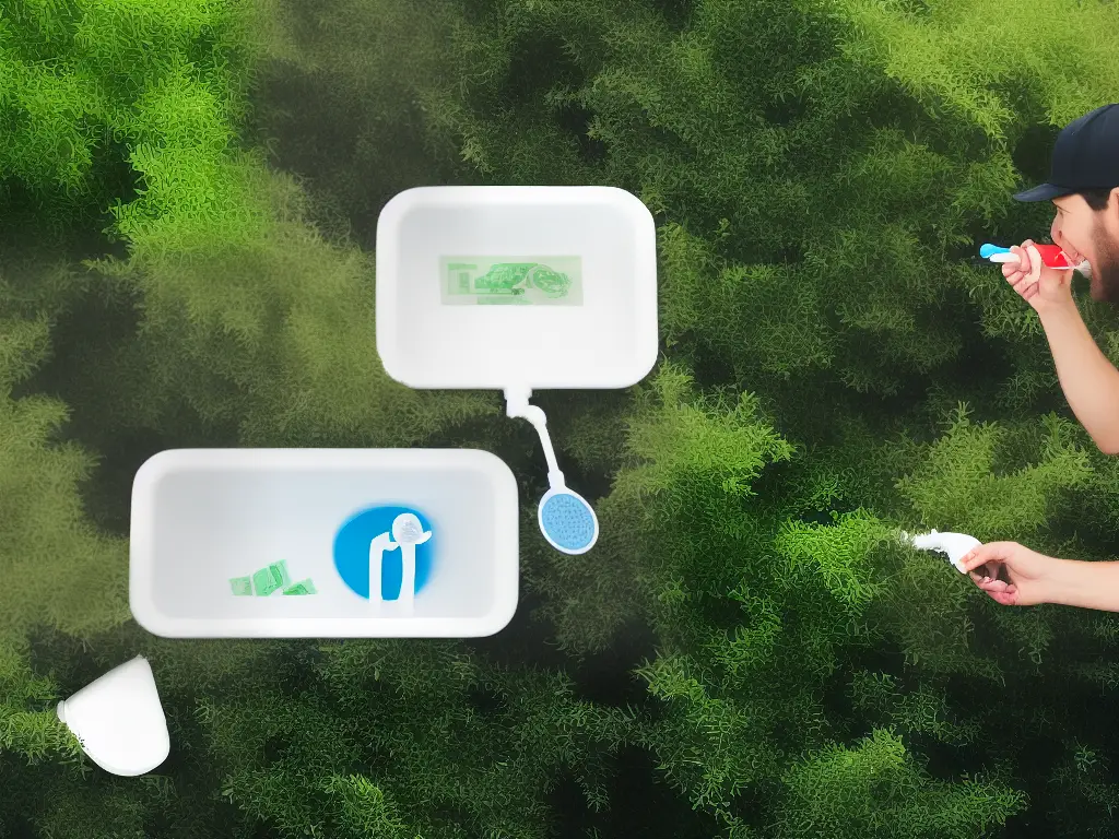 An image of a person turning off a faucet while brushing their teeth, with a thought bubble showing a money sign and trees representing the benefits of water conservation.