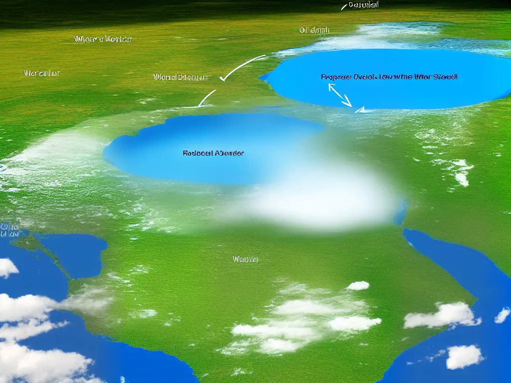 A simple diagram of the water cycle showing how water on the earth's surface evaporates, rises, cools and condenses into clouds, and then eventually falls back to the surface as precipitation, including rain and snow.