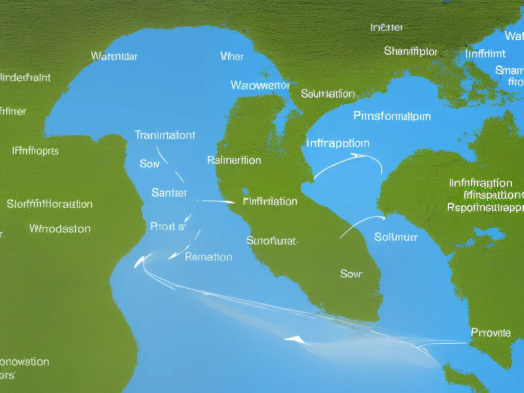 This simple diagram depicts how water moves through various processes of the water cycle. Starting from the ocean, the diagram shows how solar radiation, evaporation, and transpiration cause water vapor to enter the atmosphere. As the vapor rises, it condenses into clouds, leading to precipitation and various forms of precipitation falling back to the Earth's surface, including snow, hail, and rain. The diagram also shows how infiltration and runoff cause water to move underground, eventually returning back to the ocean to repeat the cycle again.