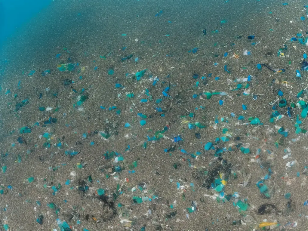 An image of a polluted ocean with floating garbage and oil slicks.