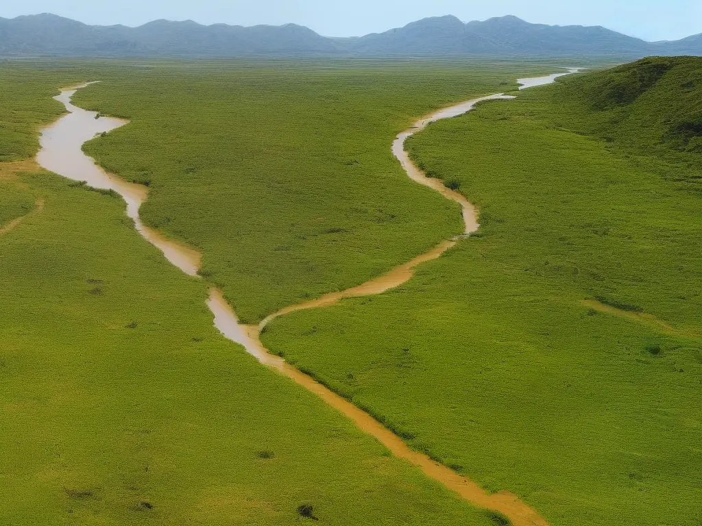 Illustration of two neighboring countries sharing a river with one side lush and green due to adequate water while the other side dry and barren due to drought.