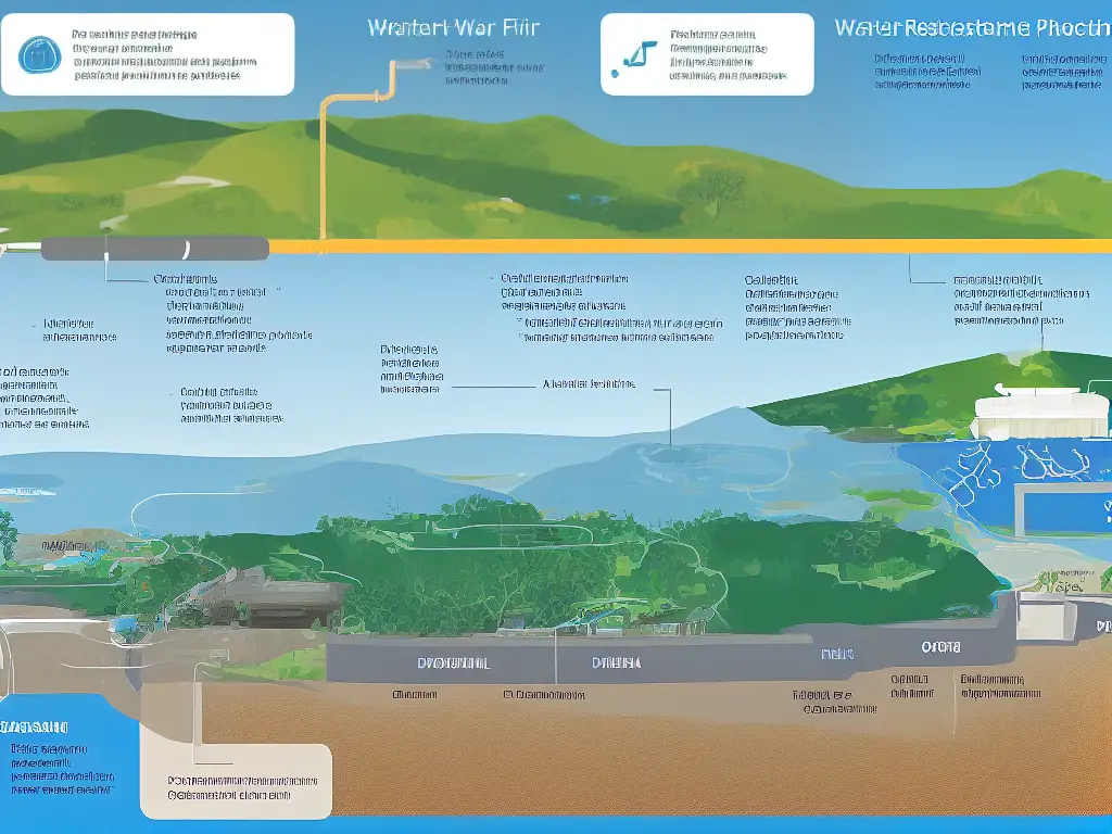 A diagram of the water treatment process that includes filtration, coagulation, flocculation, disinfection, and membrane filtration.