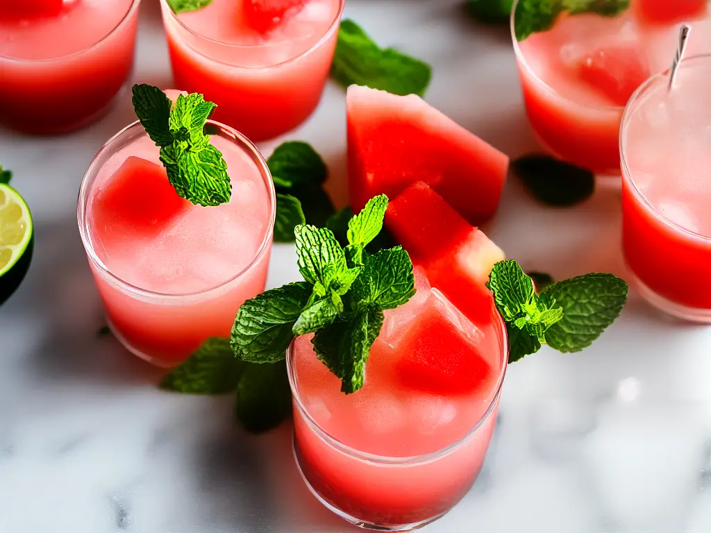 A refreshing watermelon cocktail garnished with mint leaves and a slice of watermelon