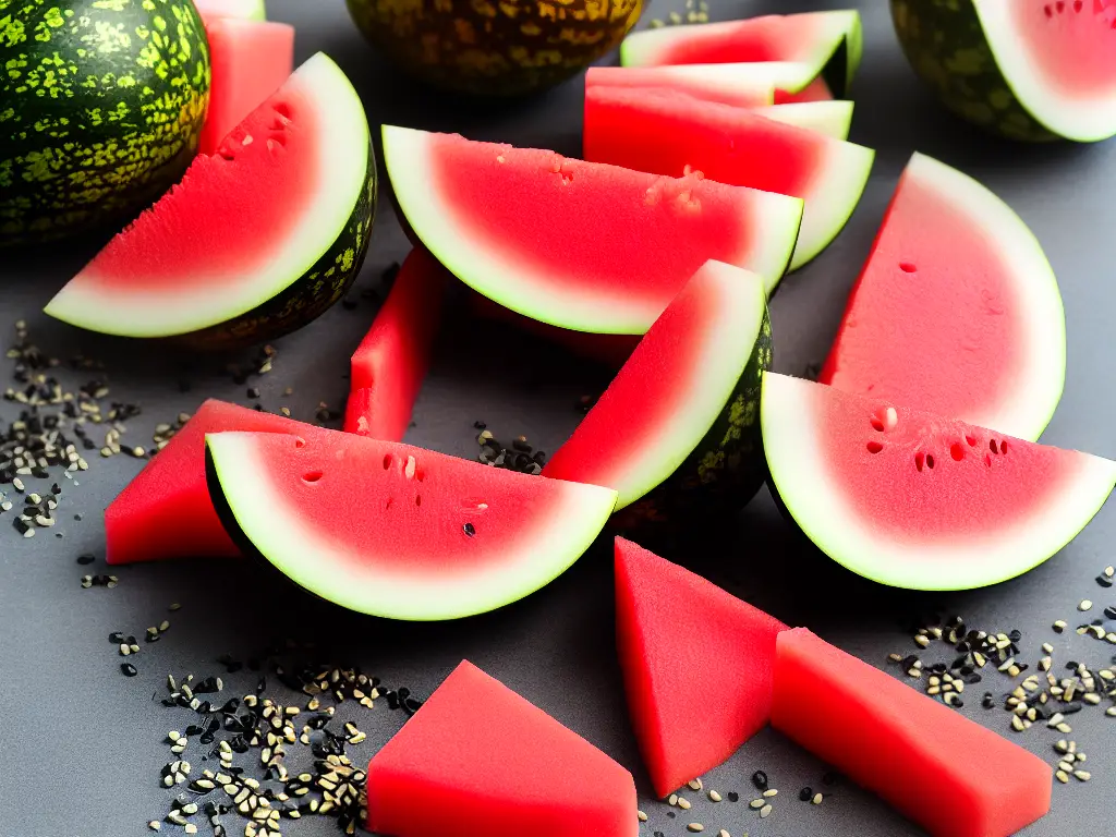 A sliced watermelon showing its pink fruit and black seeds.