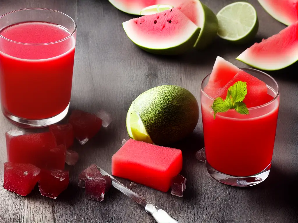 A glass of red watermelon juice with ice cubes on a wooden table.