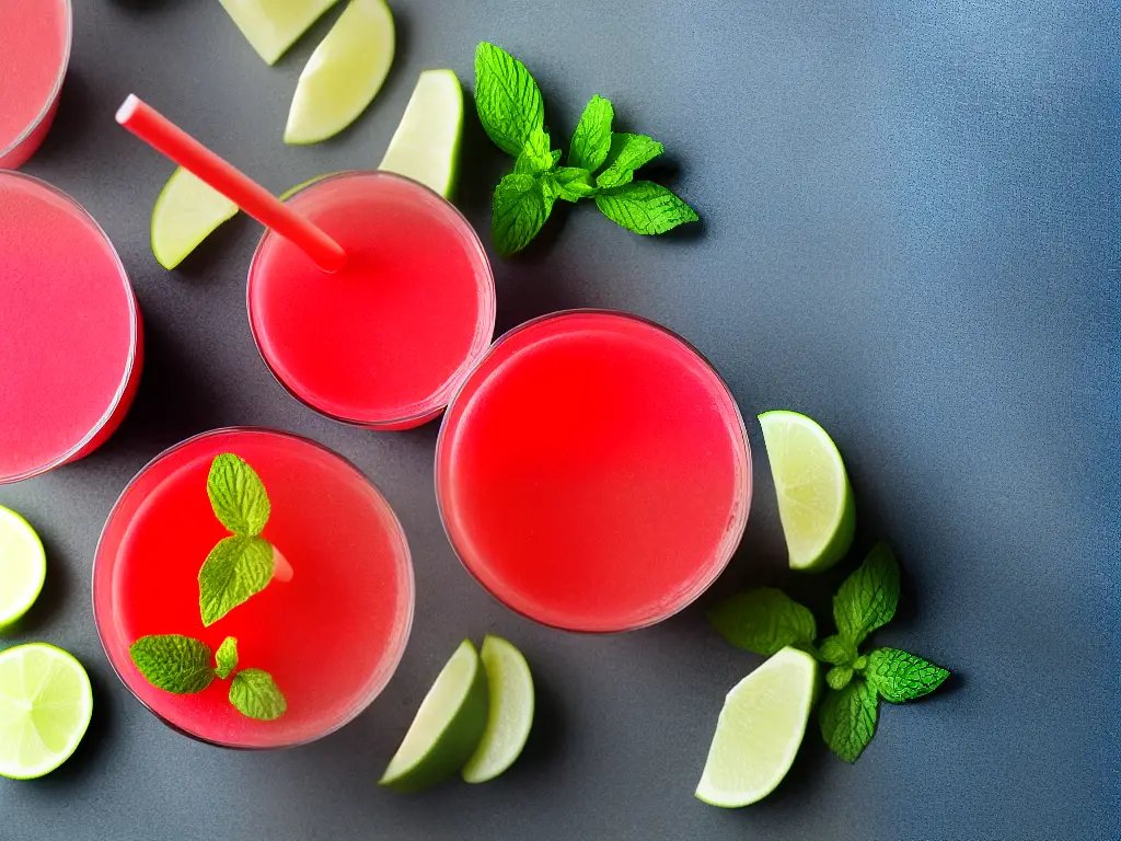 An image of a cup of watermelon juice with nutritional information surrounding it including calories, sugars, fats, vitamins, and minerals.