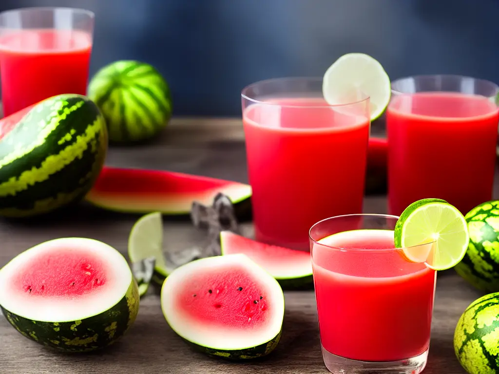 A glass of watermelon juice beside a sliced watermelon, indicating the source of the juice and the health benefits it offers.