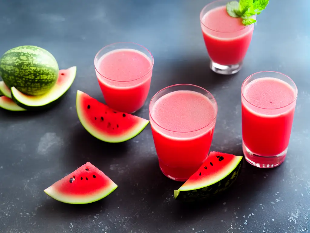 An image of a glass of watermelon juice with a slice of watermelon on the rim of the glass