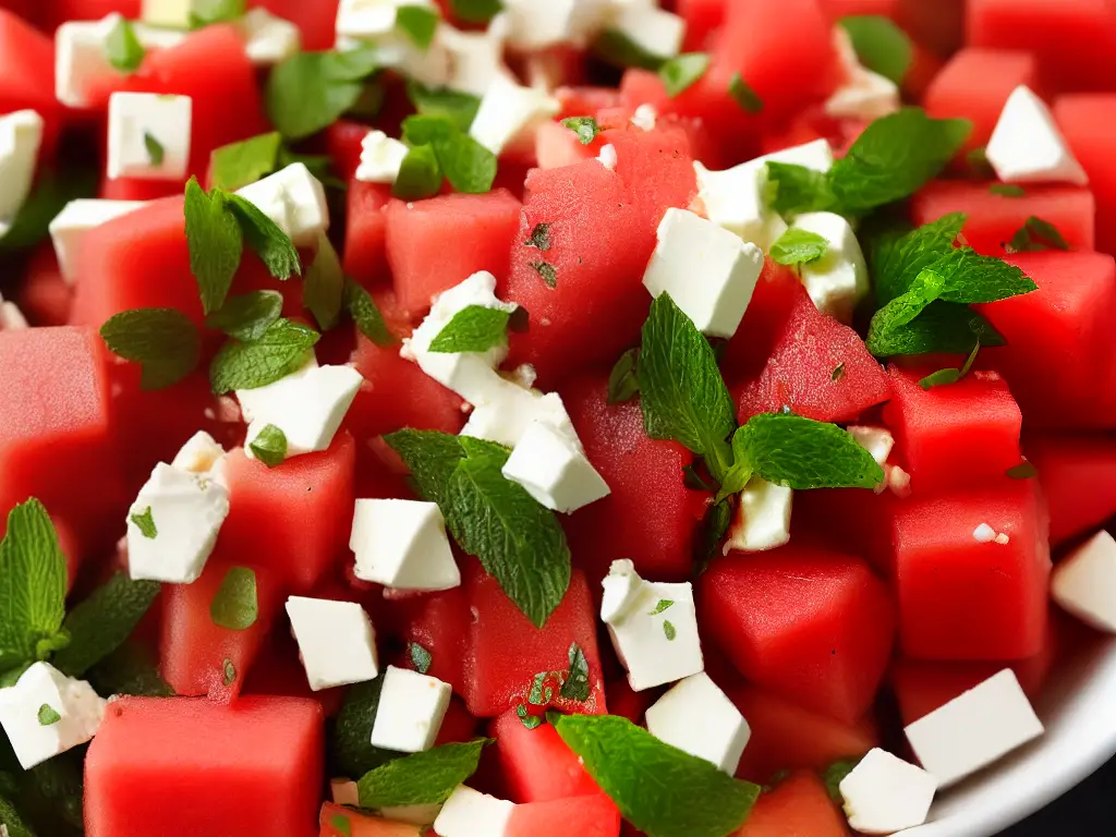 A bowl of colorful watermelon salad with diced watermelon, feta cheese, and mint garnish on top.