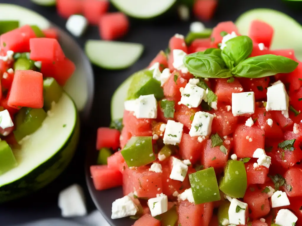 A picture of a watermelon salad with cubes of watermelon, cucumber, red onion, and basil, topped with crumbled feta cheese and a lime wedge.