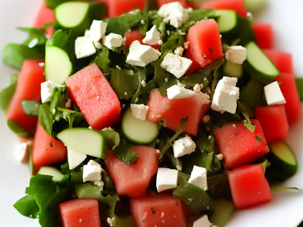 A photo of a tasty watermelon salad with fresh greens, feta cheese and sliced cucumbers on a white plate.