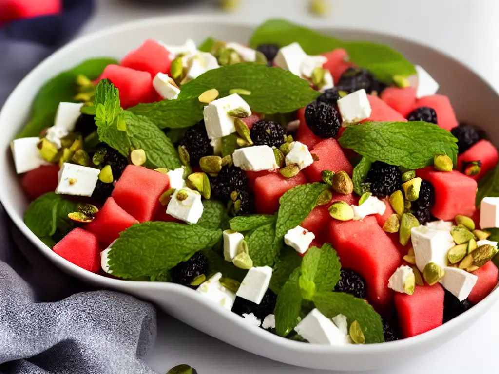 A bowl of watermelon salad with mixed berries, feta cheese, and a citrusy vinaigrette dressing, garnished with mint leaves and pistachios.