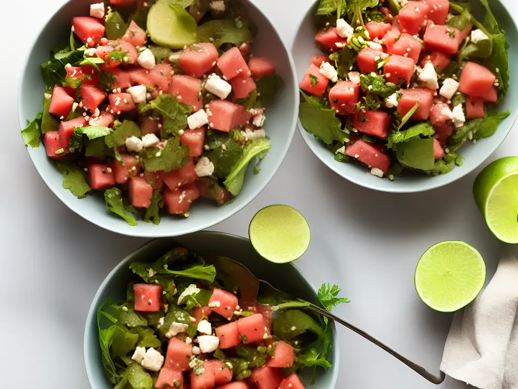 A bowl of watermelon salad with feta cheese, red onions, and mixed greens, topped with honey-lime dressing.