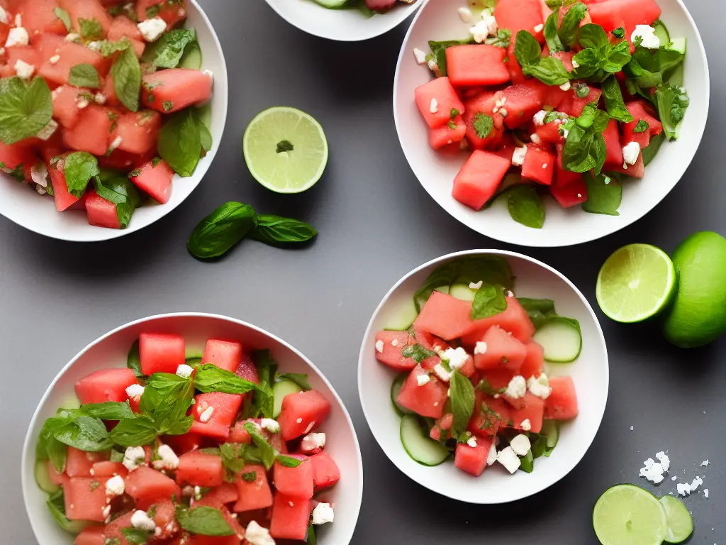 A refreshing bowl of watermelon salad with cucumbers, feta cheese, red onions, mint, and basil, with a tangy lime and olive oil dressing poured over the top.