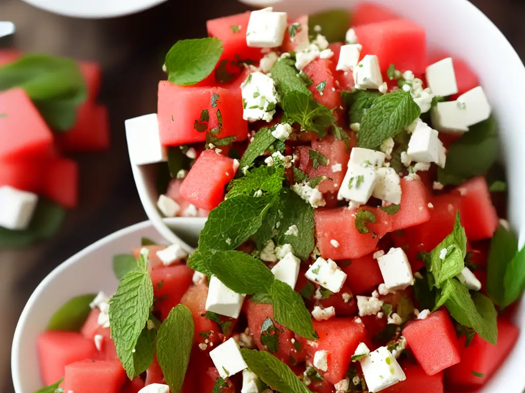 A refreshing watermelon salad with feta cheese and mint leaves in a white bowl on a wooden table.