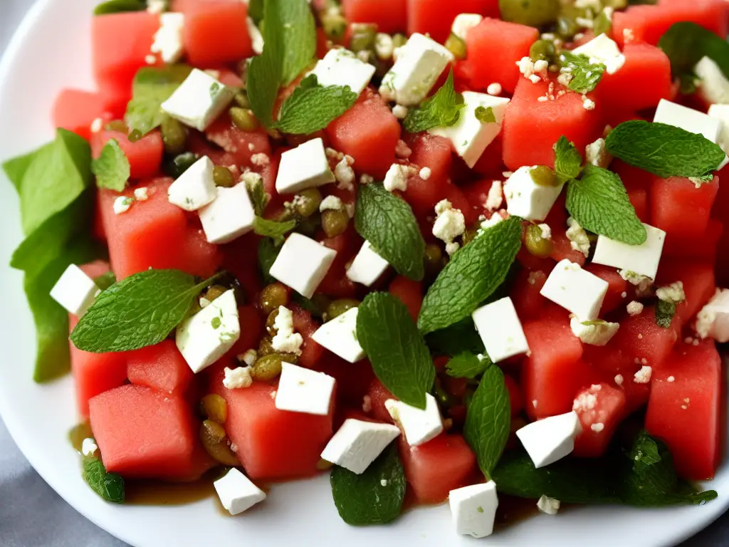 A watermelon salad plated on a white plate decorated with feta cheese, mint leaves, and a drizzle of olive oil.