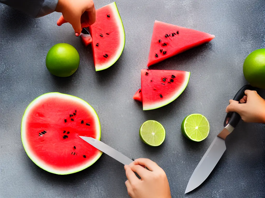 A person holding a big knife and preparing a watermelon by cutting it into cubes.