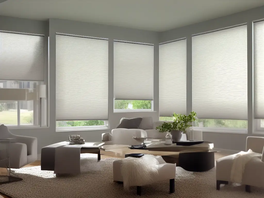 A photograph of various window coverings including insulating curtains, cellular shades, and solar shades.